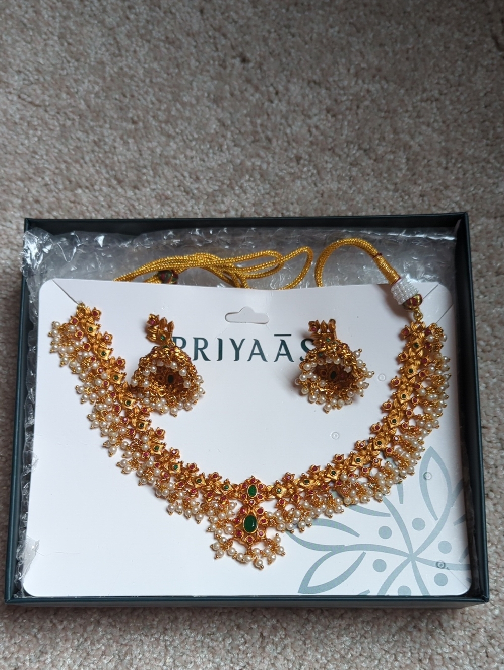 Priyaasi Gold-plated Necklace & Earrings Jhumka Set with Green and White Accents